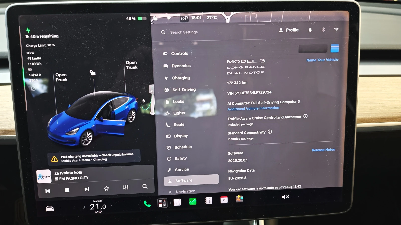 Tesla Model 3 LR 75 KW AWD FSD3, снимка 14 - Автомобили и джипове - 55751835